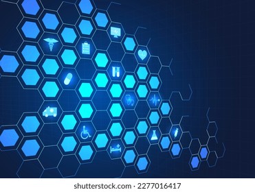 Hexagonal technology background Inside, there are medical innovations. Modern medical concepts that bring smart technology to help patients receive treatment faster and more safely.