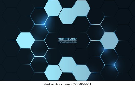 Hexagonal technology dark blue abstract vector background. Blue bright energy flashes under hexagon in honeycomb texture grid.