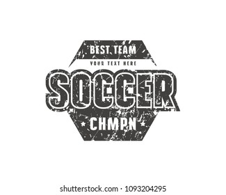 Hexagonal template emblem for soccer team. Graphic design with rough texture for t-shirt. Black print on white background