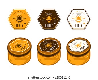 Hexagonal template honey labels In color variants. Presentation on the jar