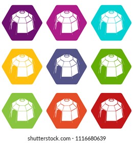 Hexagonal tent icons 9 set coloful isolated on white for web