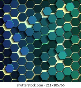Hexagonal tiles displaced from the common canvas. Abstract screensaver.