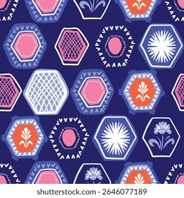 Hexagonal tiles with stylized floral patterns and geometric elements creating seamless vector design on deep blue background