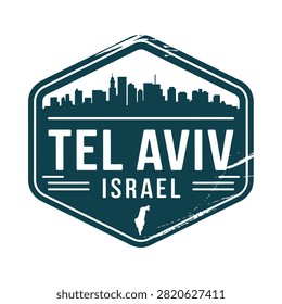 Hexagonal travel badge with tel aviv skyline and israel map white background