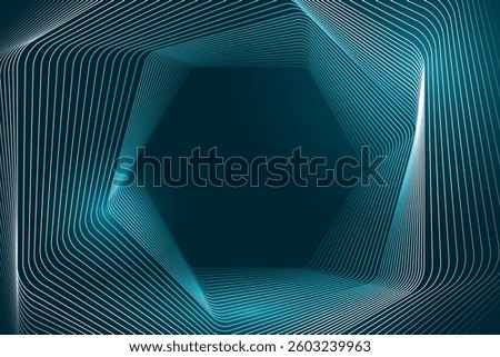 Hexagonal tunnel made of glowing cyan curved lines on dark background