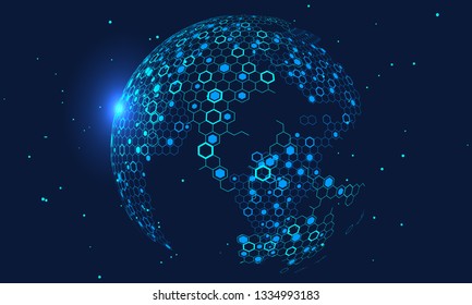 Hexagonal vector grid globe representing high tech, cloud computing and internet big data