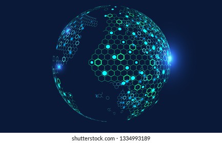 Hexagonal vector grid globe representing high tech, cloud computing and internet big data