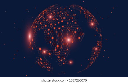 Hexagonal vector grid globe representing high tech, cloud computing and internet big data	