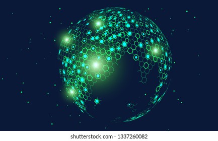 Hexagonal vector grid globe representing high tech, cloud computing and internet big data	