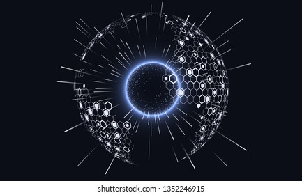 Hexagonal vector grid globe and scattered dots composed of earth, representing high-tech and big data or cloud computing, radiating lines