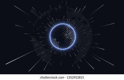 Hexagonal vector grid globe and scattered dots composed of earth, representing high-tech and big data or cloud computing, radiating lines