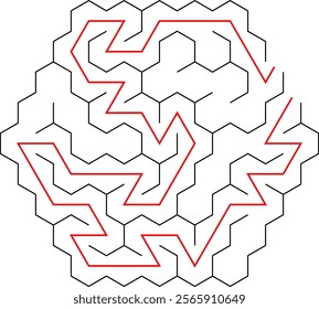 Hexagonal vector labyrinth with solution. Children logic game for brain training isolated on white background. Preschool difficulty level. Puzzle for little age kids.