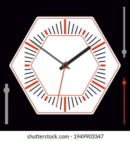 Hexagonal watch dial without numbers. Hour, minute and second hands. Vector illustration