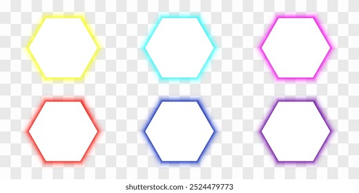 Hexagonal white frames with multi-colored LED panel. Yellow, turquoise, pink, red, blue, purple neon glow effect. 3d vector illustration isolated on transparent background.