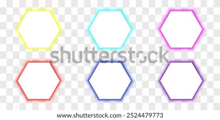 Hexagonal white frames with multi-colored LED panel. Yellow, turquoise, pink, red, blue, purple neon glow effect. 3d vector illustration isolated on transparent background.