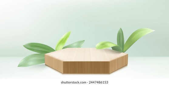 Hexagonal wooden platform with green leaves on light background. Vector realistic illustration of 3D stage for organic cosmetics presentation, natural beauty product stand mockup, exhibition display