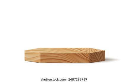 Hexagonal wooden podium, platform display stage board. Realistic 3d vector scene, showcase with wood texture for displaying natural cosmetic products, presentation, rustic and organic goods exhibition