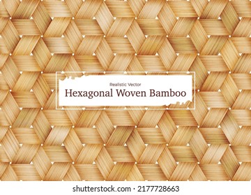 Hexagonal woven bamboo pattern realistic vector. traditional wickerwork  background from wood