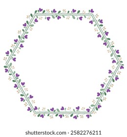 Hexagonal Wreath Or Borders Frame With Purple Love Flowers And Green Leaves