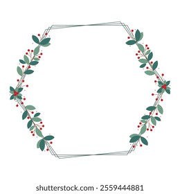 Hexagonal Wreath Or Frame With Red Cherry Berries And Green Leaves