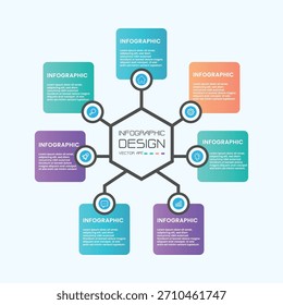 A hexagon-centered infographic design vector art template with six distinct options radiating outwards. Each option provides space for descriptive text.
