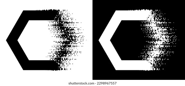 Hexagones with glitch halftone texture. Black shape on a white background and the same white shape on the black side.