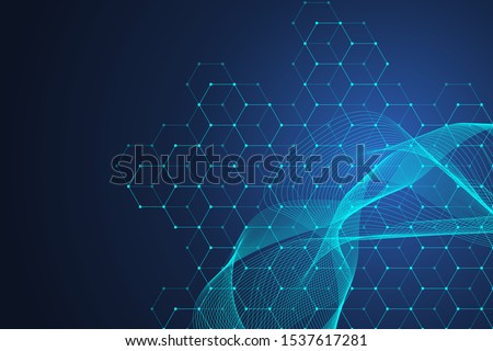 Hexagons abstract background with geometric particles shapes. Science, technology and medical concept. Graphic futuristic background wave flow hex for your design. Vector illustration banner.