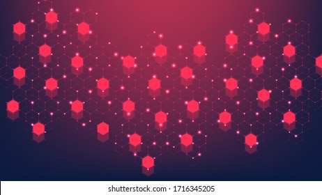 Hexagons abstract grid with connected lines and dots. Embossed hexagons grid background. Hex digital pattern with subtle polygons. Linear geometric texture. Hexagonal vector illustration