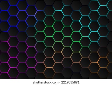The hexagons are arranged like a honeycomb, with light blue, pink, green, orange below them bright and dark. on a black background, fantasy, futuristic and technology