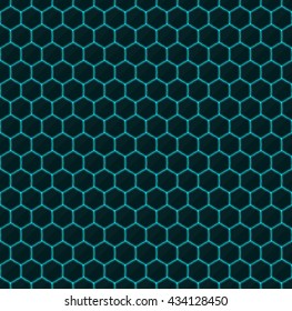 Hexagons of black stone with blue streaks of energy. Seamless vector texture. Technology seamless pattern. Vector geometric dark background.