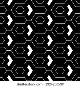 Hexagons, chevrons, figures pattern. Geometrical wallpaper. Seamless ornament. Geometric background. Simple shapes backdrop. Polygons motif. Digital paper, abstract. Vector