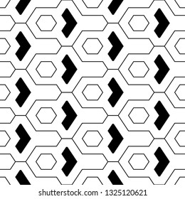 Hexagons, chevrons, figures pattern. Seamless ornament. Geometrical wallpaper. Geometric background. Simple shapes backdrop. Polygons motif. Digital paper, abstract. Vector.