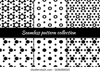 Hexagons, circles, figures seamless patterns collection. Folk prints. Ethnic ornaments set. Tribal wallpapers kit. Geometrical backgrounds. Retro motif. Abstract images. Vector illustrations bundle.