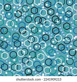 Hexagons und Kreise nahtloses Muster. Grün, Blau, Weiß. Wavy Linien, Streifen. Umhüllungspapier, Textil, Druck, Stoff. Abstrakte Ornamente. Moderne Abstraktion. Punkte.