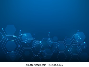 hexagons circuit board with digital data technology on blue dark background. Hi-tech digital engineering, digital telecom concept. Vector abstract futuristic technology style. copy space. 