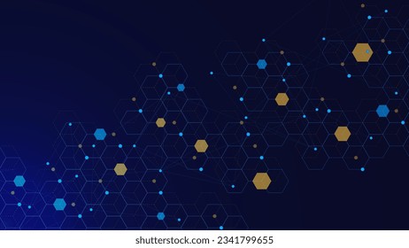 Hexagons with connecting the dots and lines for networking technology concept. Molecular structure, big data visualization, science and technology background. Vector illustration.