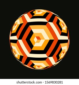 hexagons and cubes decorated ball in orange shades on black