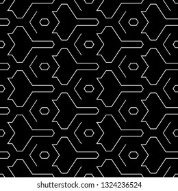 Hexagons, curves, figures pattern. Simple shapes backdrop. Geometrical wallpaper. Geometric background. Polygons motif. Digital paper, abstract. Seamless ornament. Vector.