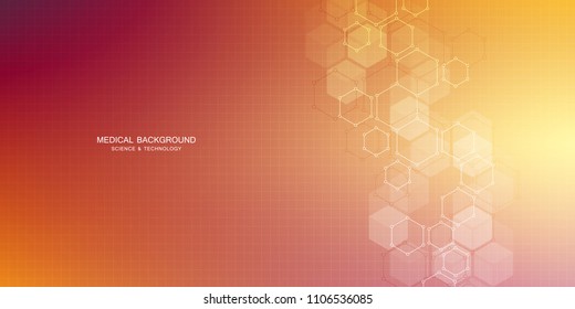 Hexagons design for medical, science and digital technology. Geometric abstract background with molecular structure and chemical compounds