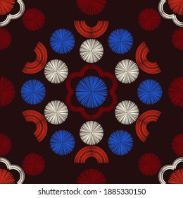 Hexagons. Embroidery on fabric. Mosaic with geometric shapes. Seamless pattern. Design with manual hatching. Textile. Ethnic boho ornament. Vector illustration for web design or print.