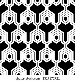 Hexagons, figures, curves pattern. Geometrical wallpaper. Geometric background. Simple shapes backdrop. Polygons motif. Digital paper, abstract. Seamless ornament. Vector.