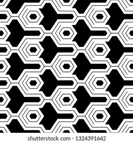 Hexagons, figures, curves pattern.Polygons motif. Geometrical wallpaper. Geometric background. Simple shapes backdrop. Digital paper, abstract. Seamless ornament. Vector.