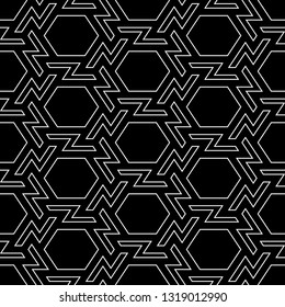 Hexagons, figures ornament. Geometrical backdrop. Shapes wallpaper. Geometric background. Polygonal motif. Digital paper, textile print, abstract. Seamless pattern. Vector.