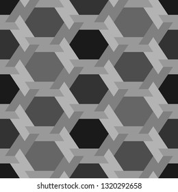 Hexagons, figures ornament. Geometrical backdrop. Shapes wallpaper. Geometric background. Polygonal motif. Digital paper, textile print, abstract. Seamless pattern. Vector.