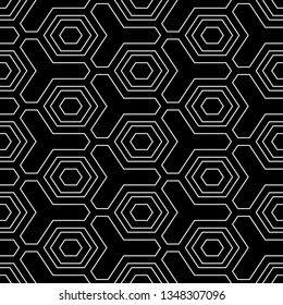 Hexagons, figures pattern. Geometric background. Simple shapes backdrop. Geometrical wallpaper. Polygons motif. Digital paper, abstract. Seamless ornament. Vector.