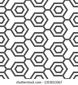 Hexagons, figures pattern. Geometric background. Simple shapes backdrop. Polygons motif. Digital paper, abstract.Seamless ornament. Geometrical wallpaper. Vector