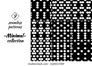 Hexagons, figures seamless patterns collection. Geometrical images. Folk prints. Ethnic ornaments set. Tribal wallpapers kit. Geometrical backgrounds. Retro motif. Abstract vectors bundle