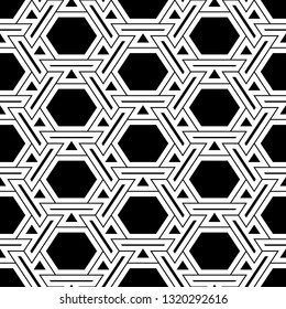 Hexagons, figures, triangles, trapeziums, strokes ornament. Geometrical backdrop. Shapes wallpaper. Geometric background. Polygonal motif. Digital paper, abstract. Seamless pattern.