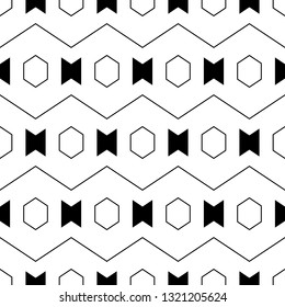 Hexagons, figures, zigzag lines ornament. Geometrical backdrop. Shapes background. Geometric wallpaper. Polygonal, linear motif. Digital paper, textile print, abstract. Seamless pattern.
