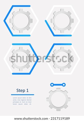 Hexagons filled with cogwheels infographic chart design element set. Abstract vector symbols for infochart with blank copy spaces. Kit with shapes for instructional graphics. Visual data presentation